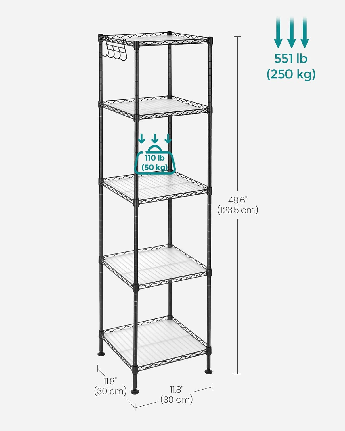 5-Tier Bathroom Shelf, Storage Rack for Small Space, with 5 PP Shelf Liners, Removable Hook, Extendable Design, Ink Black and Translucent ULGR23BK