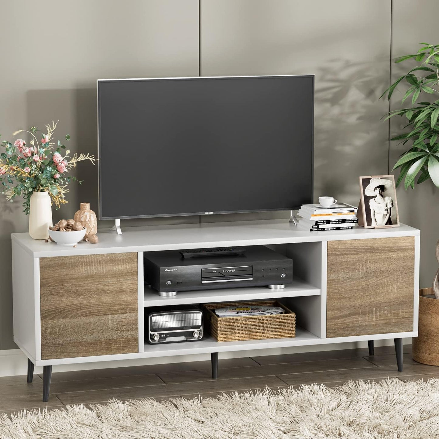 Modern TV Stand for 65" Television, Entertainment Center with Two Storage Cabinets, Retro Style Media Console for Living Room, Bedroom, Office, 58 Inch, White and Coffee
