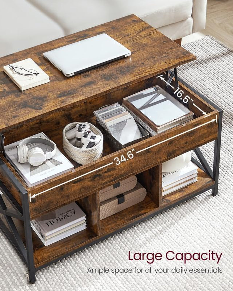 Lift Top Coffee Table, Lift Coffee Table with Storage Shelf, Hidden Compartments and Lifting Top, for Living Room, Office, 19.7 X 47.2 X (19.3-24.4) Inches, Rustic Brown and Black ULCT212B01