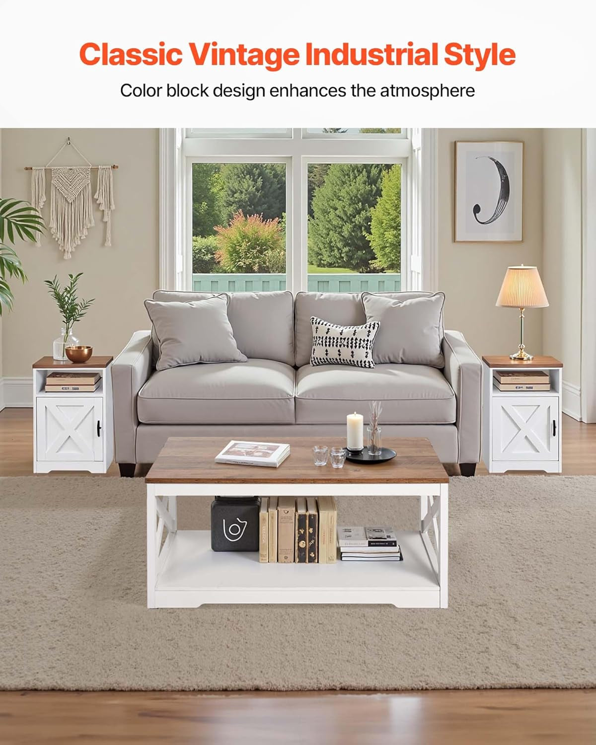 3 Pieces Farmhouse Coffee Table Sets, 40 Inch Industrial Coffee Table with 2 End Tables, Easy Assembly Coffee and Side Tables Sets with Charging Station, for Office, Living Room & Apartment