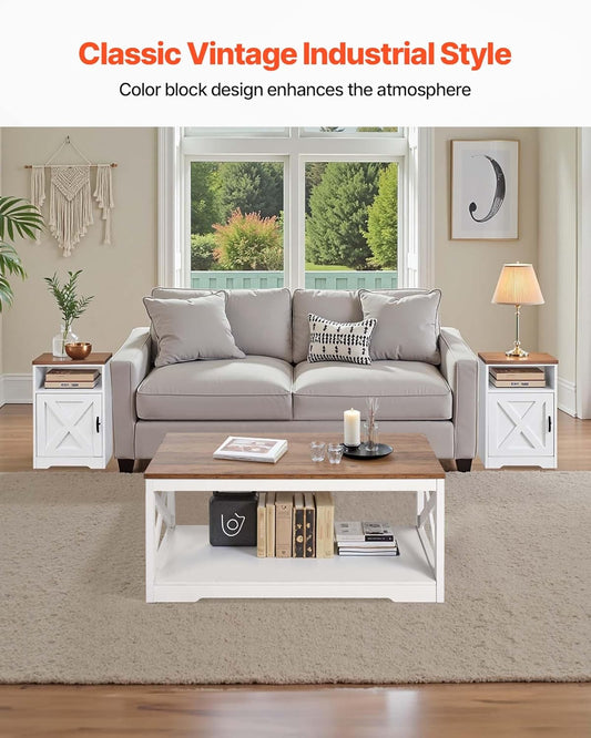 3 Pieces Farmhouse Coffee Table Sets, 40 Inch Industrial Coffee Table with 2 End Tables, Easy Assembly Coffee and Side Tables Sets with Charging Station, for Office, Living Room & Apartment