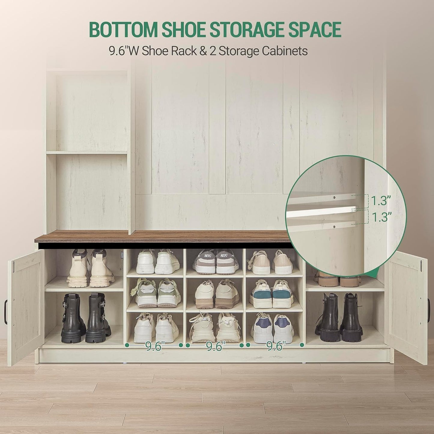 59.8" Hall Tree, LED Farmhouse Entryway Storage and Coat Rack Wood, Entryway Furniture with 7 Hooks, Hall Tree with Bench and Storage, 6 Storages Partitions Shoe Bench, Rustic White HT24814B