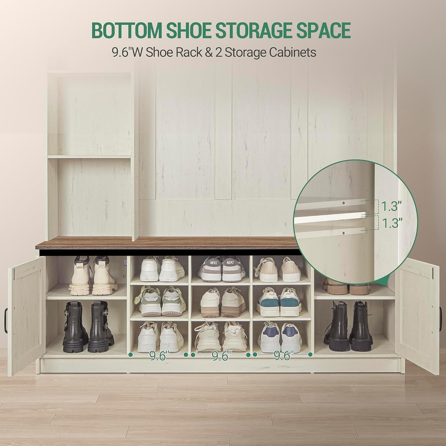 59.8" Hall Tree, LED Farmhouse Entryway Storage and Coat Rack Wood, Entryway Furniture with 7 Hooks, Hall Tree with Bench and Storage, 6 Storages Partitions Shoe Bench, Rustic White HT24814B