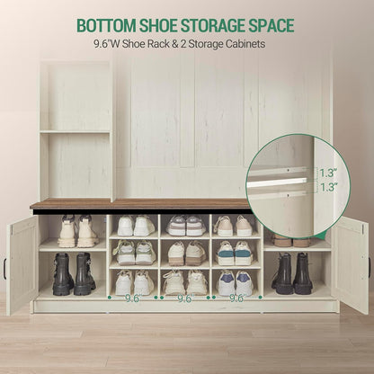59.8" Hall Tree, LED Farmhouse Entryway Storage and Coat Rack Wood, Entryway Furniture with 7 Hooks, Hall Tree with Bench and Storage, 6 Storages Partitions Shoe Bench, Rustic White HT24814B