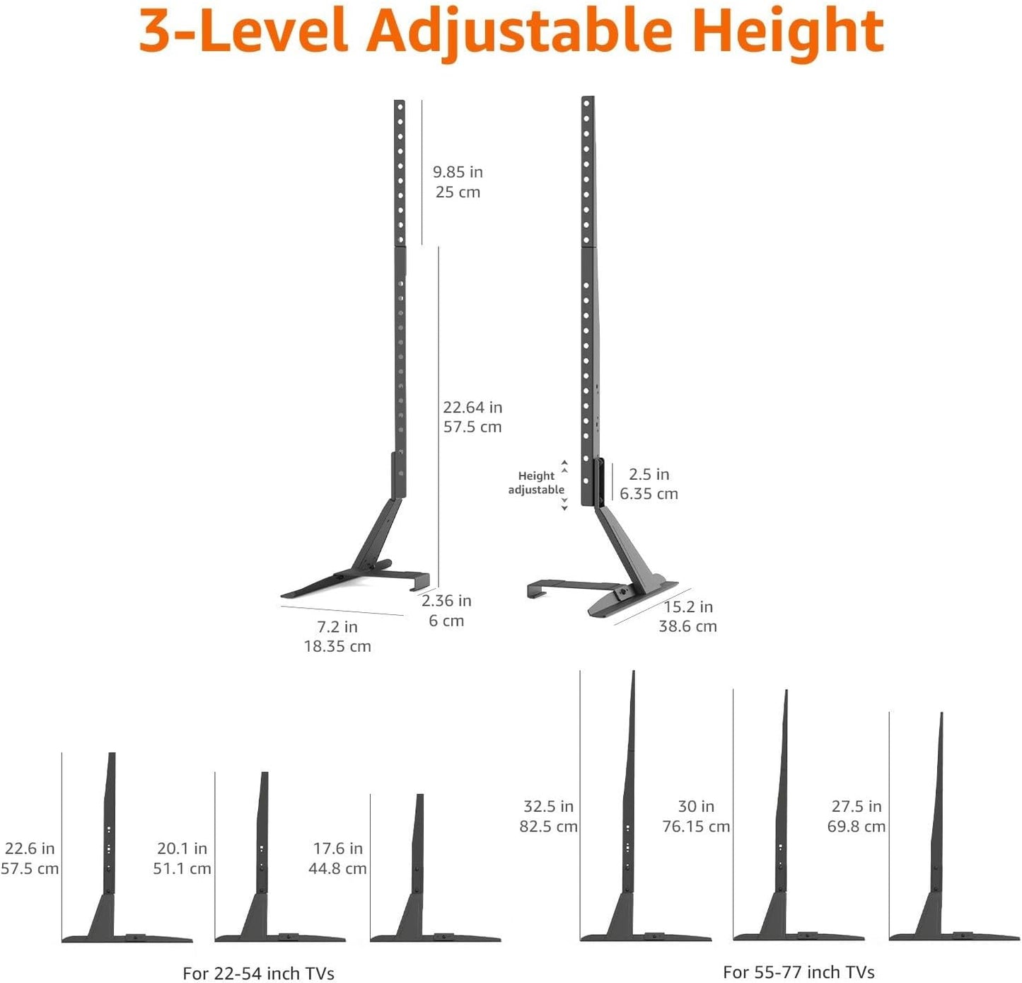 Universal TV Stand, Black - Height Adjustable up to 77 Inch, Compatible with Soundbars, Hold up to 80 Lbs