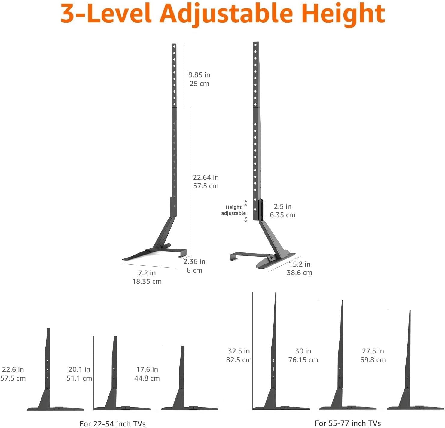 Universal TV Stand, Black - Height Adjustable up to 77 Inch, Compatible with Soundbars, Hold up to 80 Lbs