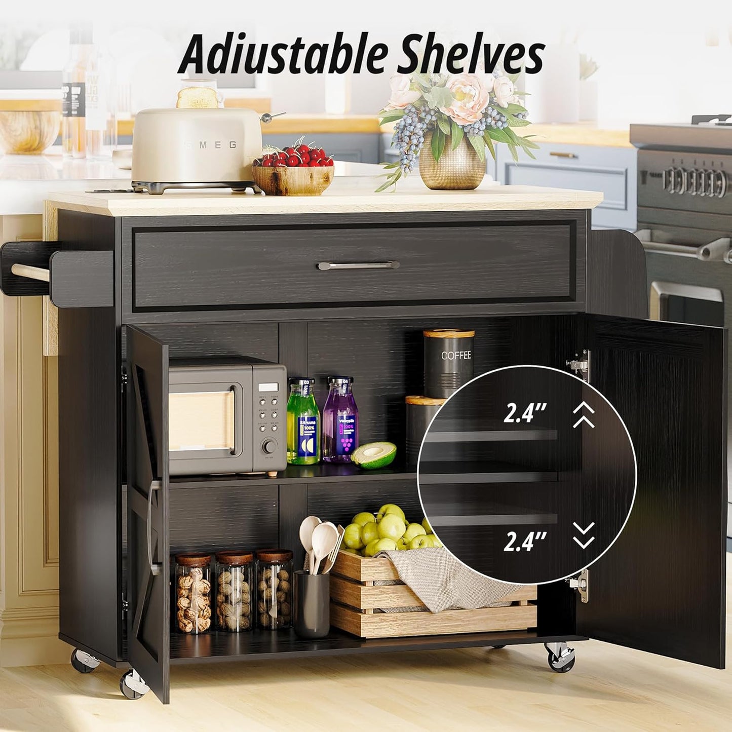 Kitchen Island Cart with Storage, Rolling Kitchen Table with Power Outlet, Storage Cabinets on Wheels with Drop Leaf, Portable for Dining Room, Black