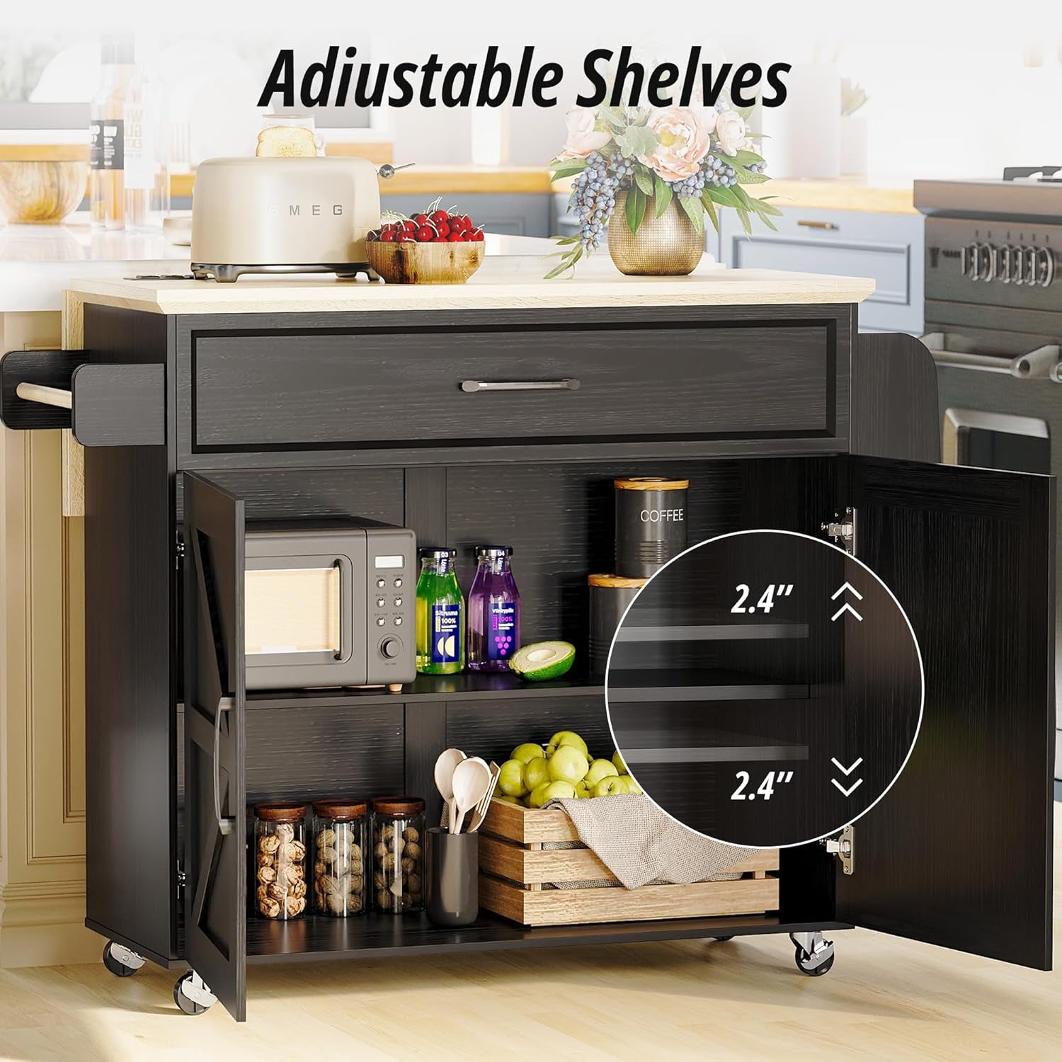Kitchen Island Cart with Storage, Rolling Kitchen Table with Power Outlet, Storage Cabinets on Wheels with Drop Leaf, Portable for Dining Room, Black
