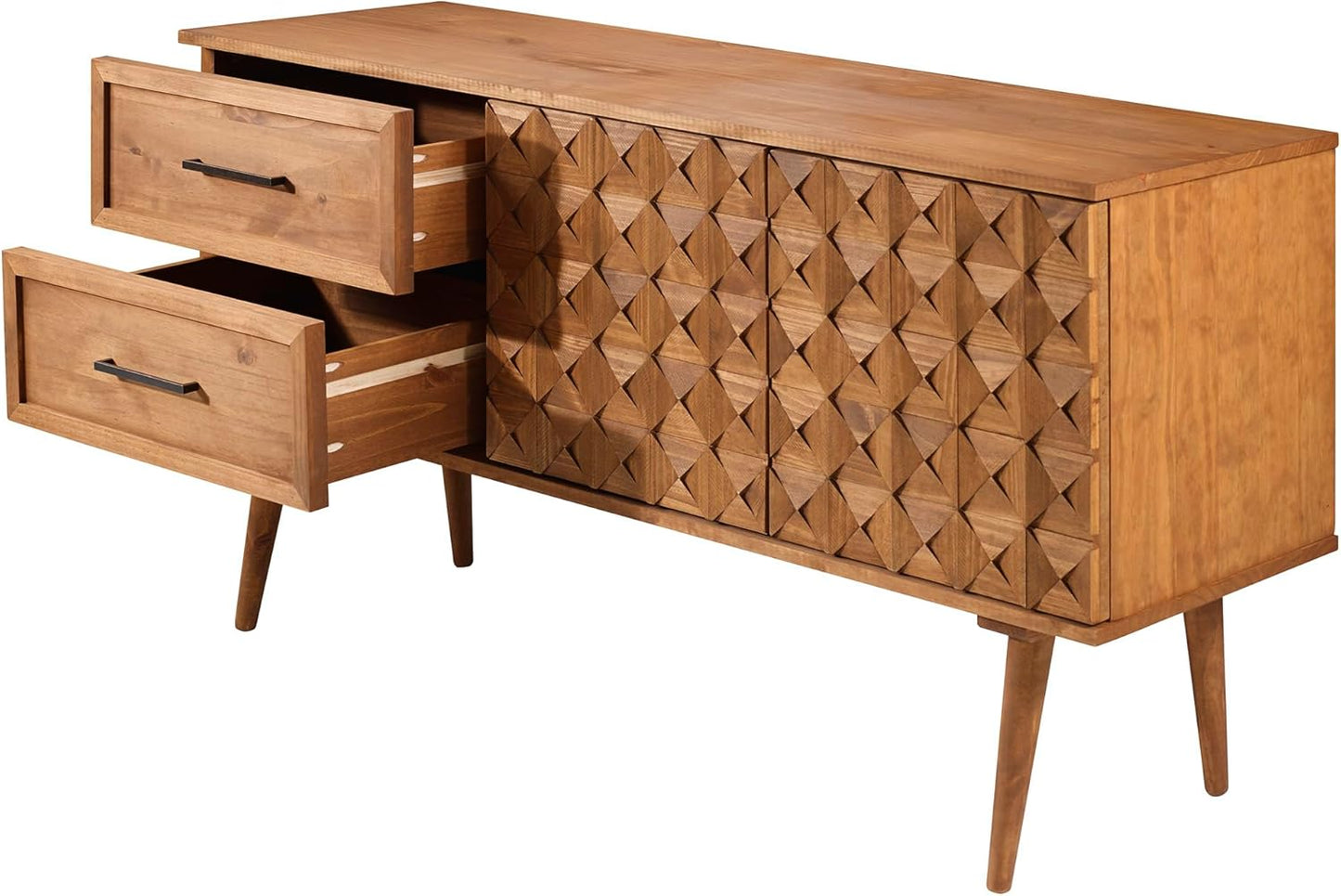 Deluca Boho Solid Wood 2 Door Sideboard with Prism Detail, 58 Inch, Caramel