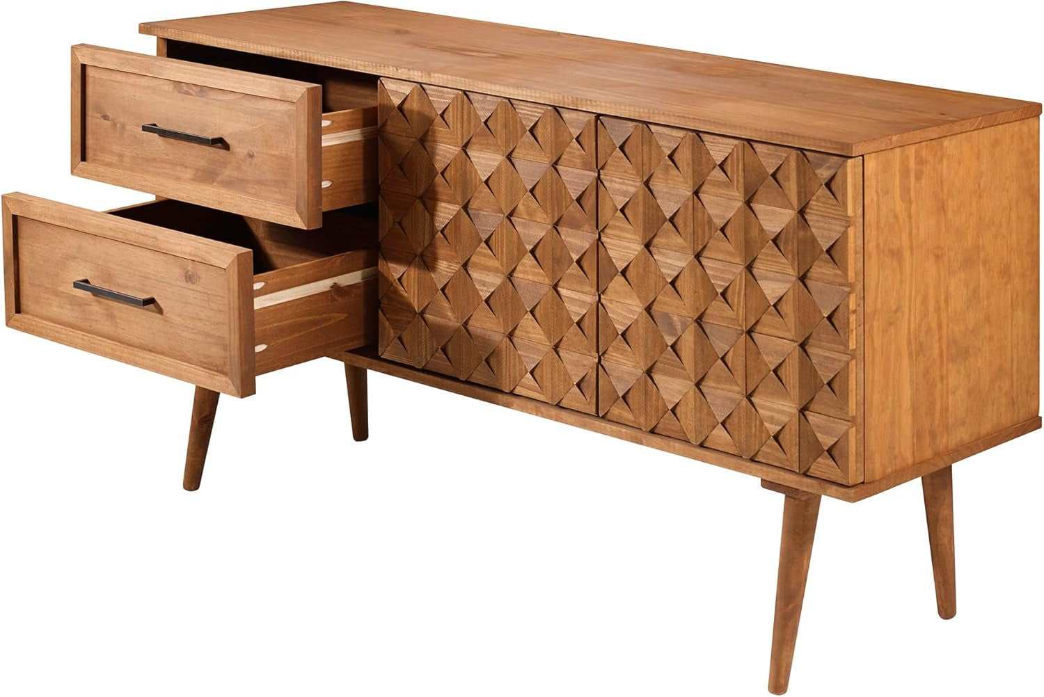 Deluca Boho Solid Wood 2 Door Sideboard with Prism Detail, 58 Inch, Caramel