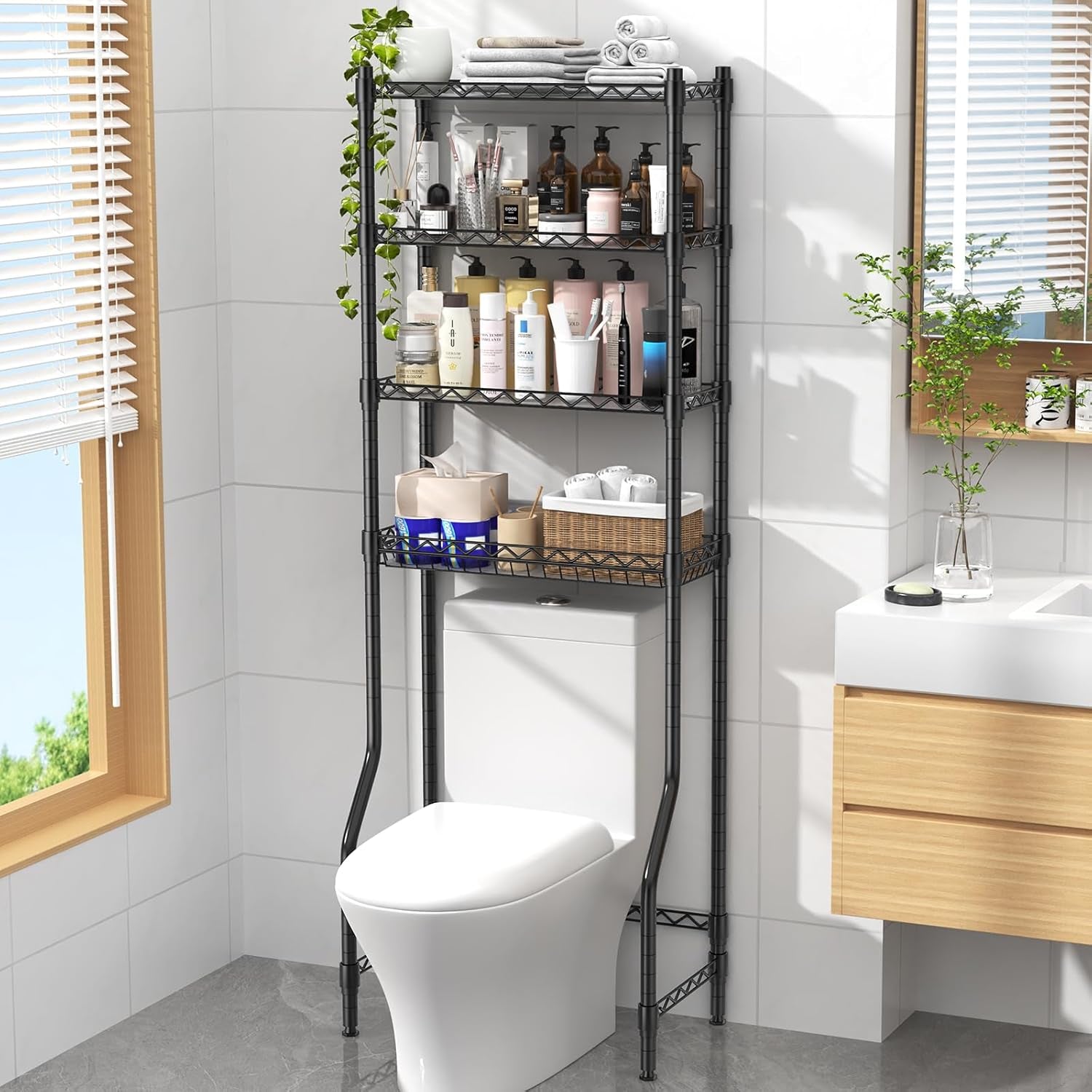 4 Tier over the Toilet Storage Rack, Bathroom Organizers and Storage over Toilet with Adjustable Shelf and Basket, above Toilet Storage Bathroom Cabinet for Small Space (Black)