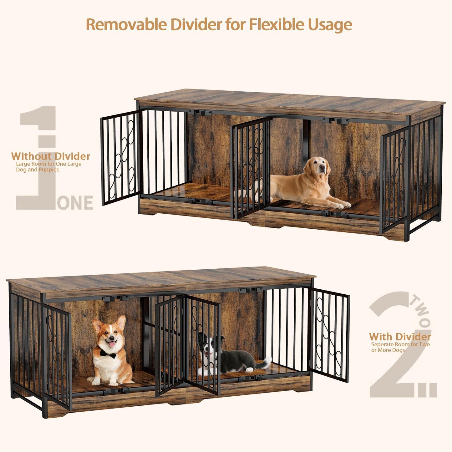 71 Inch Double Dog Crate Furniture for 2 Dogs, Decorative Wooden Dog Crates Indoor Dog Kennel TV Stand for Large Medium Small Dogs, Dog Cage Furniture Heavy Duty Pet House with Divider, Brown