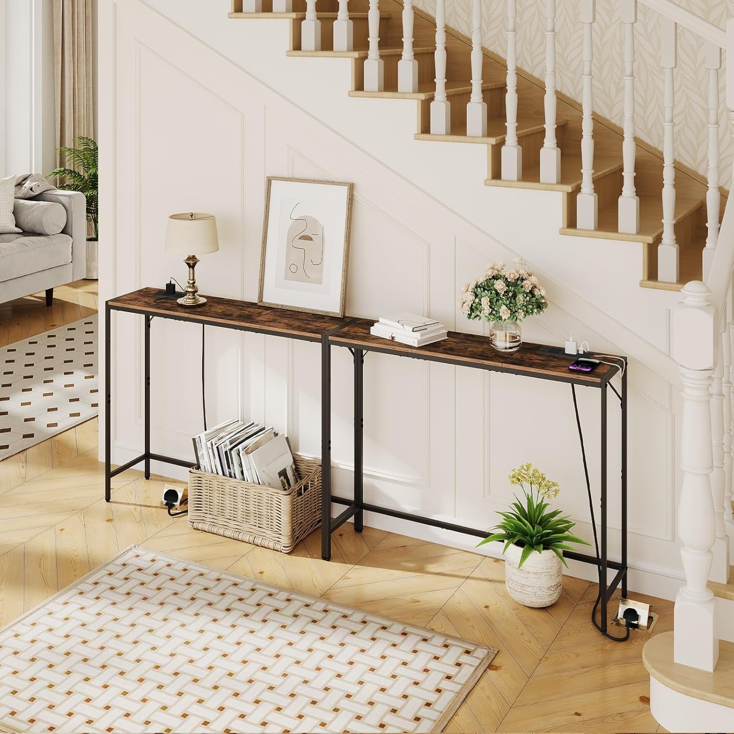 Console Table, Narrow Sofa Table, 43.3” Entrance Table with Power Station, behind Couch Table, Simple Style, for Living Room, Hallway, Entryway, Foyer, Rustic Brown and Black CTHR112E01