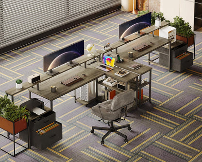 75" L Shaped Desk with File Drawers, Work from Home Office Desk with Power Outlet, Reversible Computer Desk with Storage Shelves, Gaming Desk with Monitor Shelf, Corner WFM Table, Grey Oak