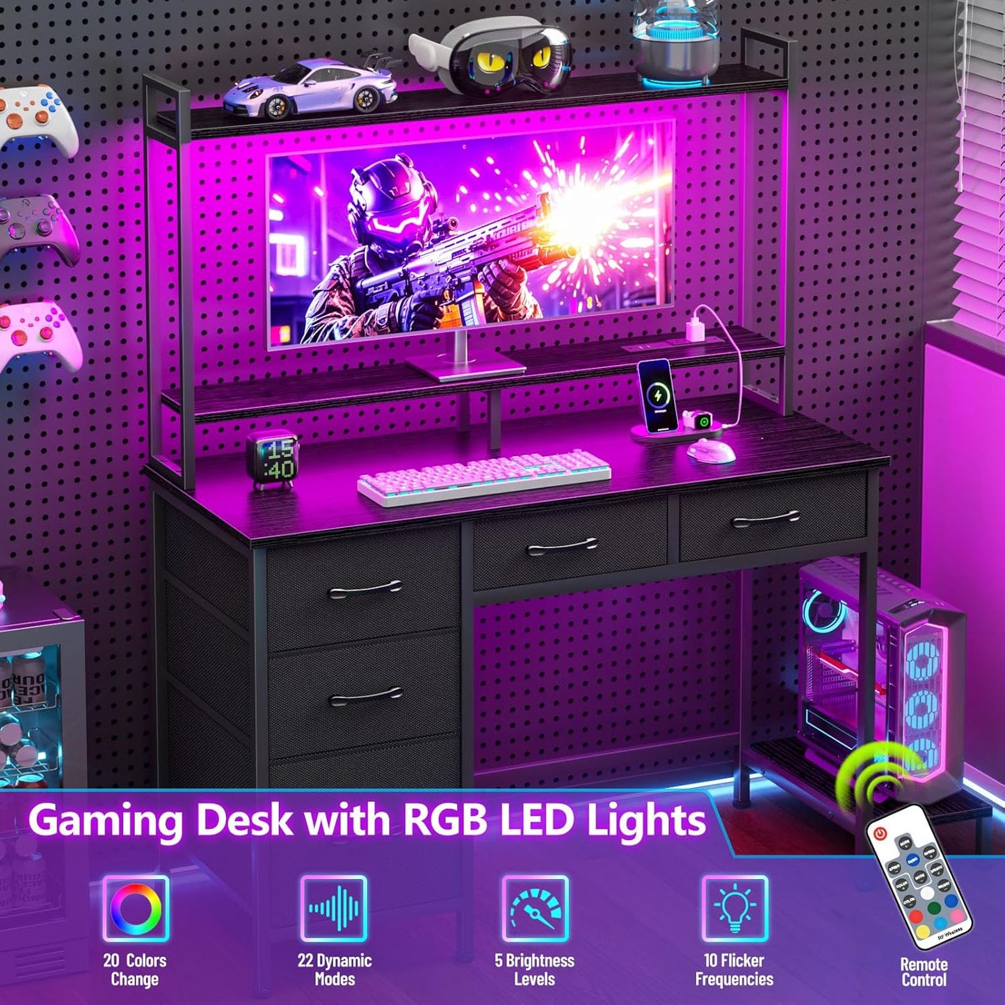 Computer Gaming Desk with Hutch, Home Office Desk with Power Outlets, LED Light, 5 Storage Drawers, 2 Tiers Shelves for Display, 39 Inch Modern Study Writing Table for Bedroom, Black