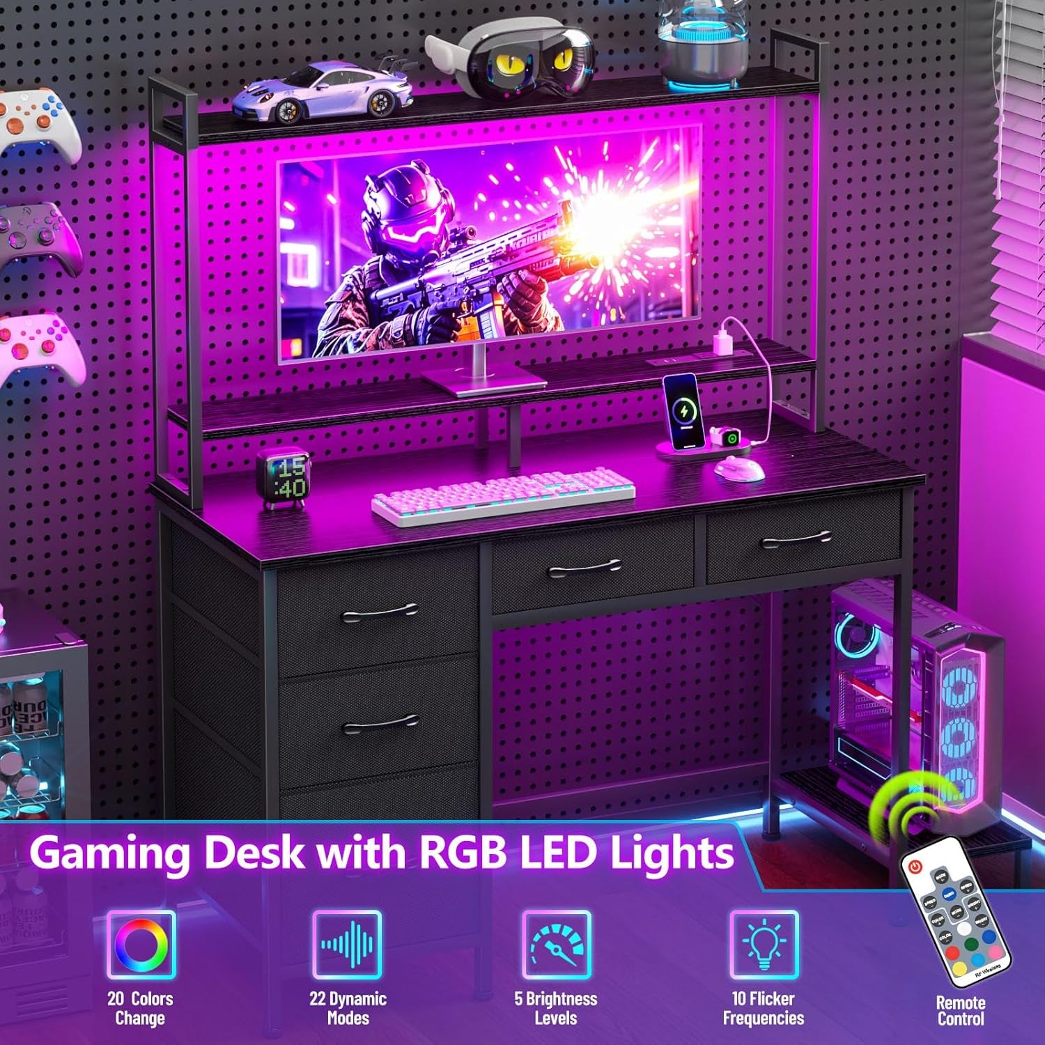 Computer Gaming Desk with Hutch, Home Office Desk with Power Outlets, LED Light, 5 Storage Drawers, 2 Tiers Shelves for Display, 39 Inch Modern Study Writing Table for Bedroom, Black