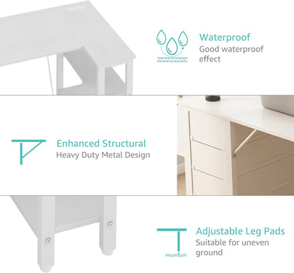 White L Shaped Computer Desk with Drawers & Storage Shelves, 47 Inch Corner Reversible Desk with Power Outlet for Home Office Bedroom, L-Shaped Teen PC Desks with Fabric Drawer, White