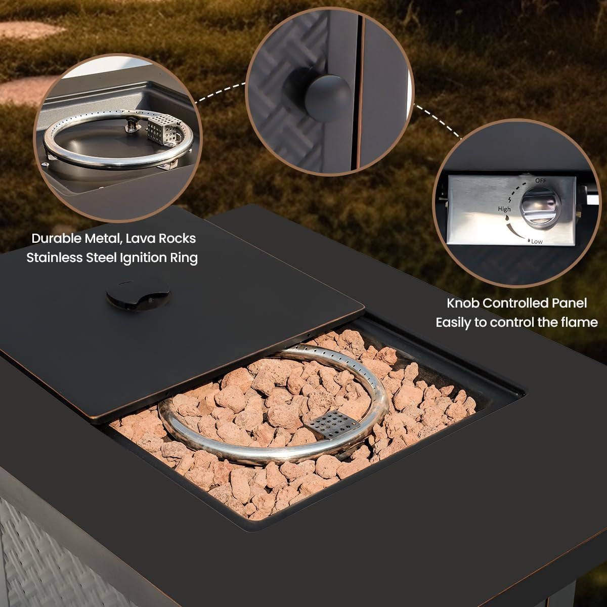 32'' Propane Fire Pit,50000 BTU Gas Firepit Table with 2 Drink Holders, Lid & Lava Rock,Csa Certified Outdoor Fire Pit Table for Dining or Party,Propane Firepits for Outside,Patio,Yard