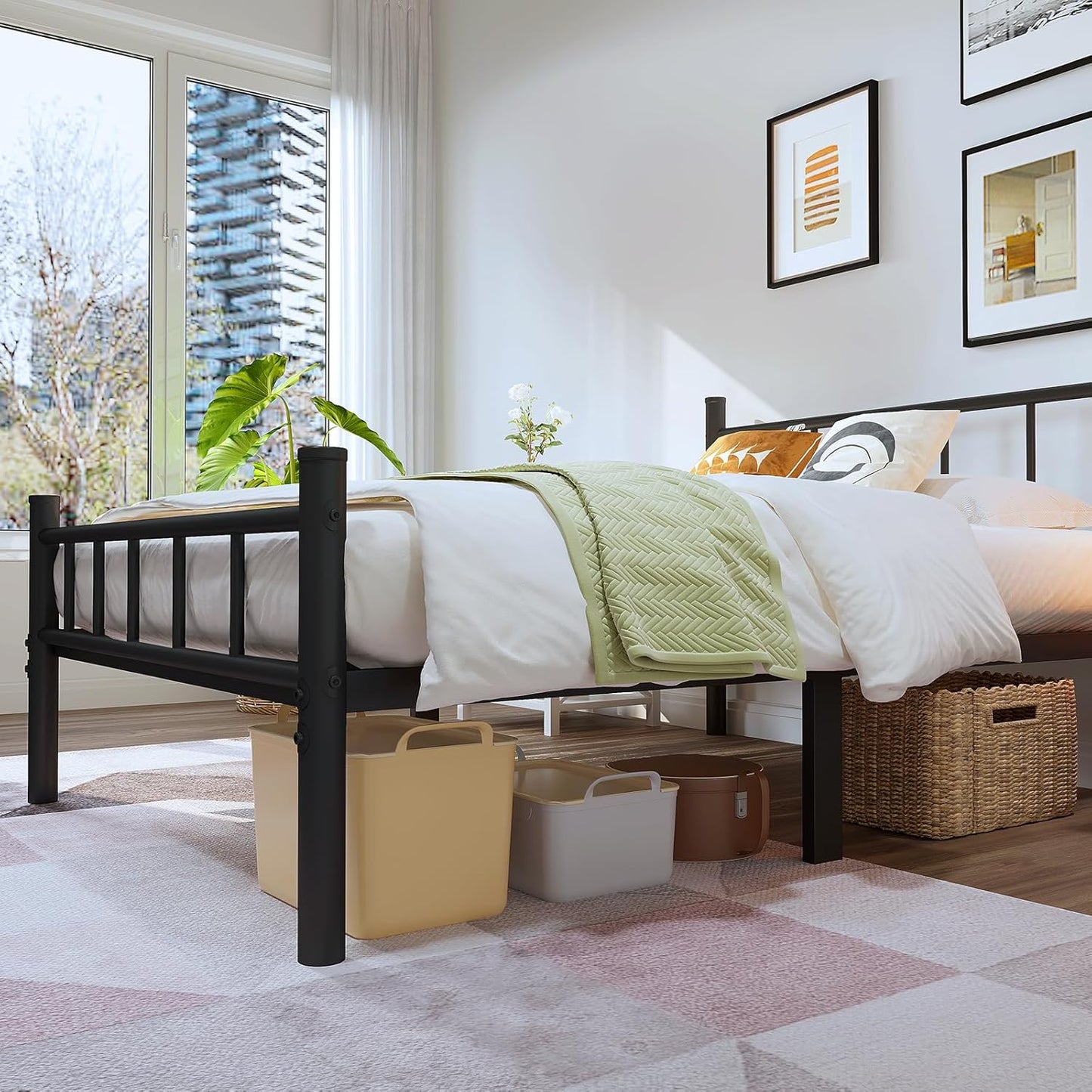 Twin Size Metal Bed Frame with Headboard & Footboard 14 Inch Metal Platform Mattress Foundation Support with Steel Slat, under Bed Storage, No Box Spring Needed