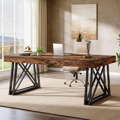 63-Inch Executive Desk, Farmhouse Office Computer Desk with Sturdy X-Shaped Legs, Large Writing Table Business Furniture Workstation for Home Office, Study (Rustic Brown & Black)