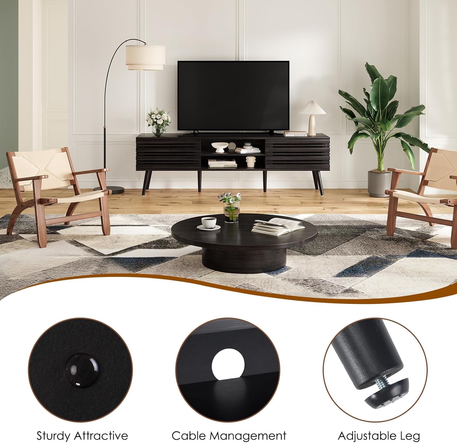 Mid Century Modern TV Stands for up to 70" TV with Storage, Fluted Wood TV Stand for Living Room, Boho Media Console, Entertainment Center with Cable Management