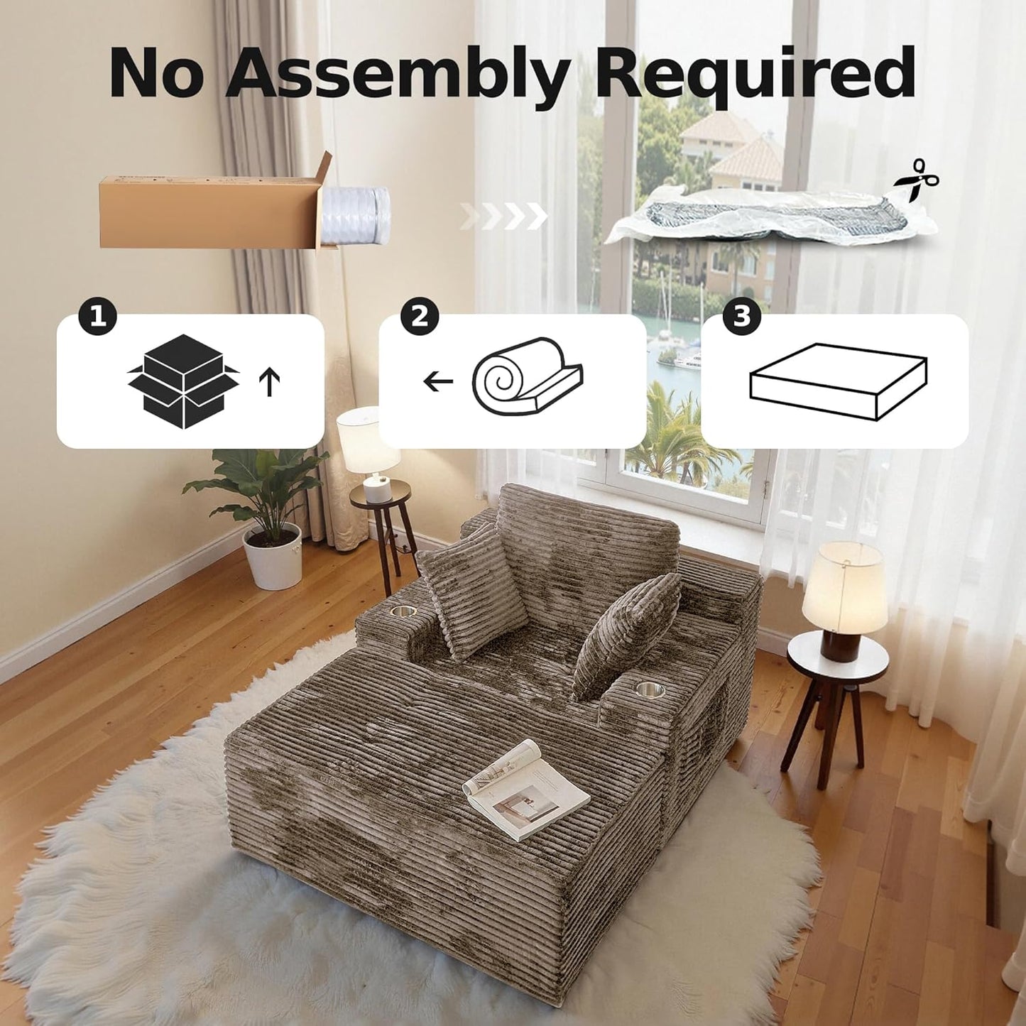 67 Chaise Lounge Chair Indoor,Oversized Boneless Single Sleeeper Couch Bed,Corduroy Cloud Sofa with 3 Soft Pillows for Livingroom,Bedroom,No Assembly,(Khaki)