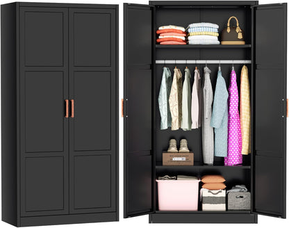 Metal Wardrobe Closet with Doors and Shelves,72" Black Armoire Wardrobe Closet for Hanging Clothes for Home,Bedroom,School,Employee,Gym(36" W X 18" D,Warm Style)