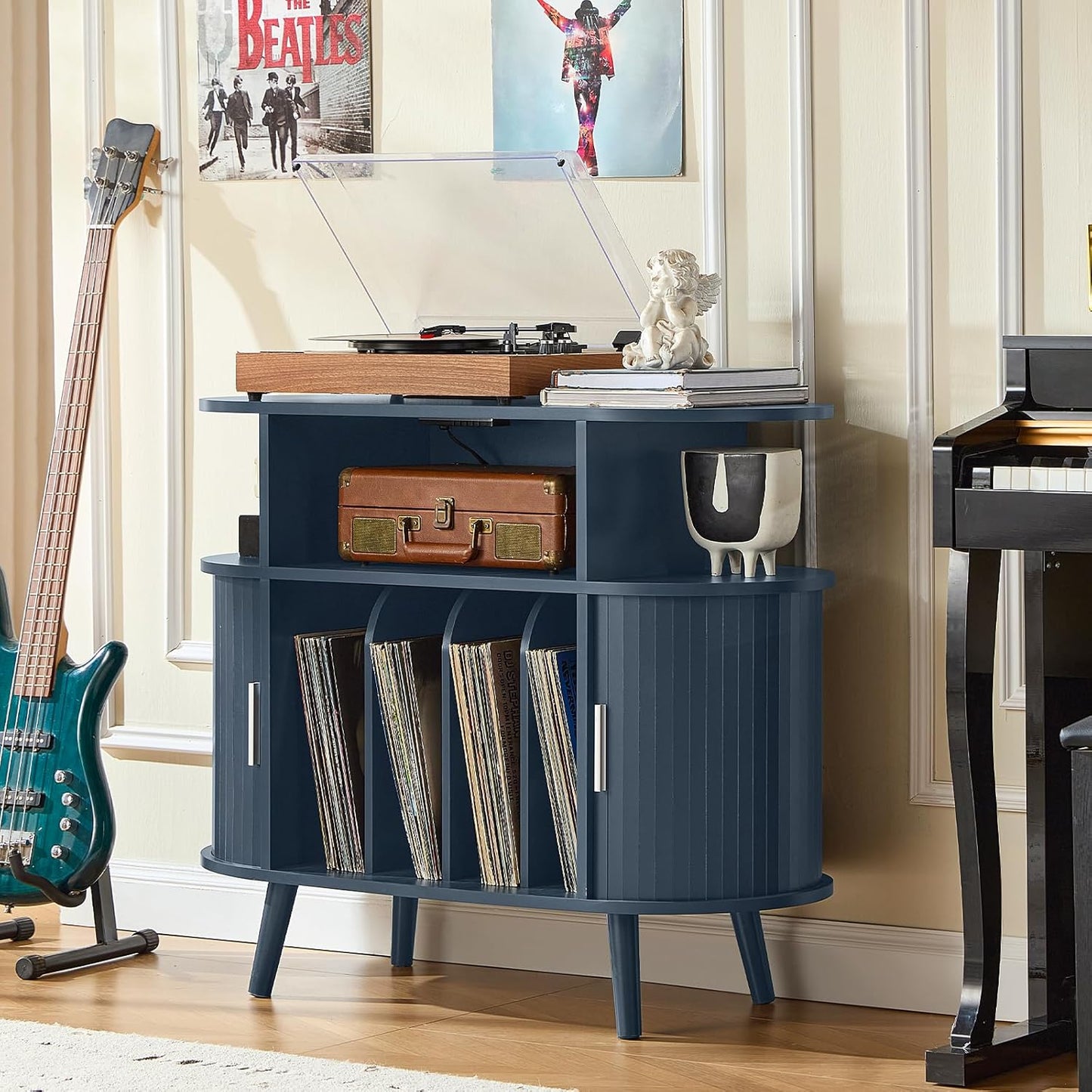 Large round Record Player Stand with Charging Station & Fluted Panel,Navy Blue Mid Century Modern Turntable Cabinet with Vinyl Storage, Arched Wood Record Player Table for Living Room