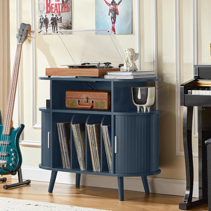 Large round Record Player Stand with Charging Station & Fluted Panel,Navy Blue Mid Century Modern Turntable Cabinet with Vinyl Storage, Arched Wood Record Player Table for Living Room