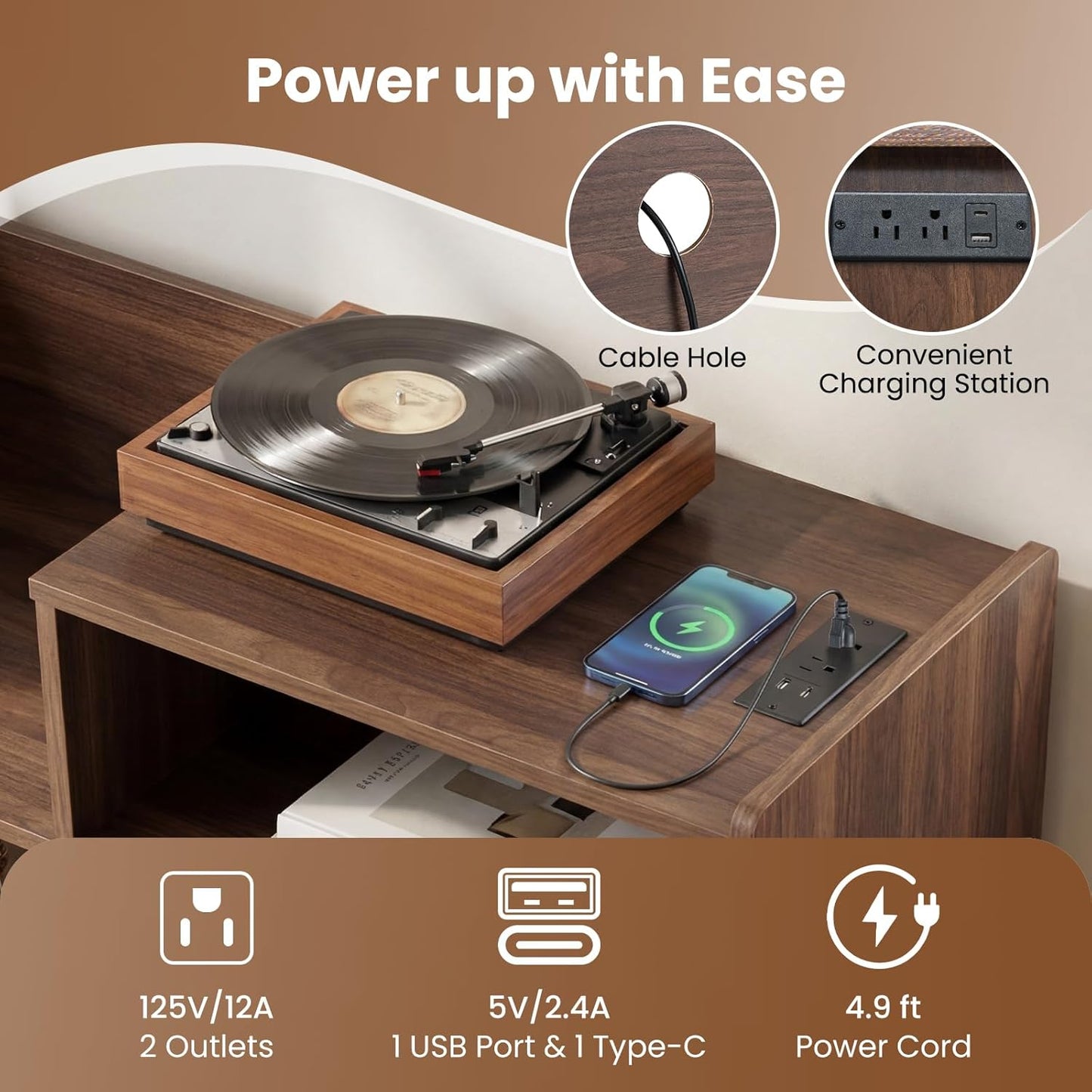 Large Record Player Stand with LED Light, Mid Century Modern Turntable Stand W/Sliding Door, Charging Station & Solid Wood Leg, Record Player Table, Vinyl Record Storage for Living Room, Brown