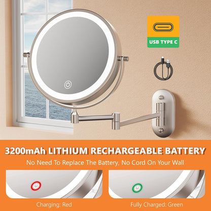 1X/30X Wall Mounted Lighted Makeup Mirror, 8" 3200 Mah Rechargeable Double-Sided Magnifying Mirror, Touch Dimmable 3 Color Lights, 360° Rotating Foldable 14.5" Extension Arm, Brushed Nickel
