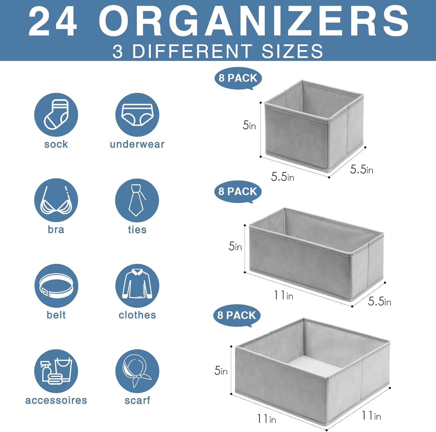 Drawer Organizer Clothes 24 Pack, Fabric Closet Organizers and Storage Bins for Underwear Sock, Odorless Dresser Drawer Dividers for Baby Nursery Organization (Grey)