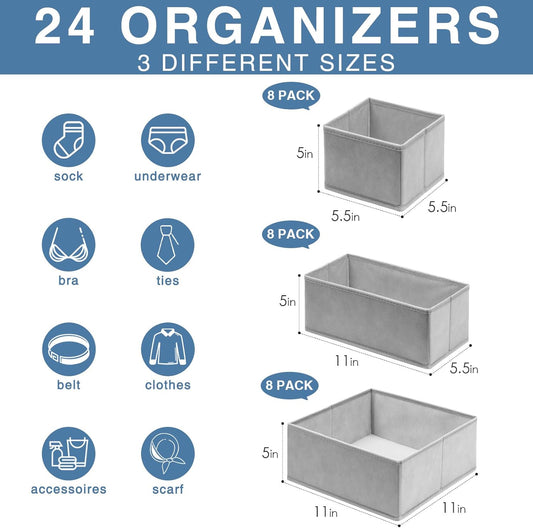 Drawer Organizer Clothes 24 Pack, Fabric Closet Organizers and Storage Bins for Underwear Sock, Odorless Dresser Drawer Dividers for Baby Nursery Organization (Grey)