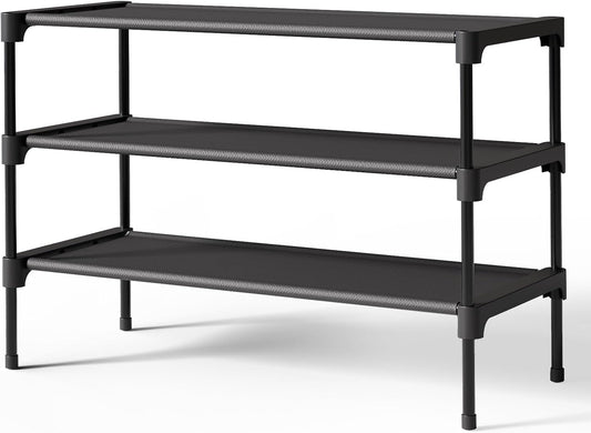 Shoe Rack - Non-Woven Shoe Rack Shelf, Shoe Organizer for Closet, Entryway, Garage & Corridor, Stackable Shoe Shelves, 27.5" Wide - 3 Tier, Black