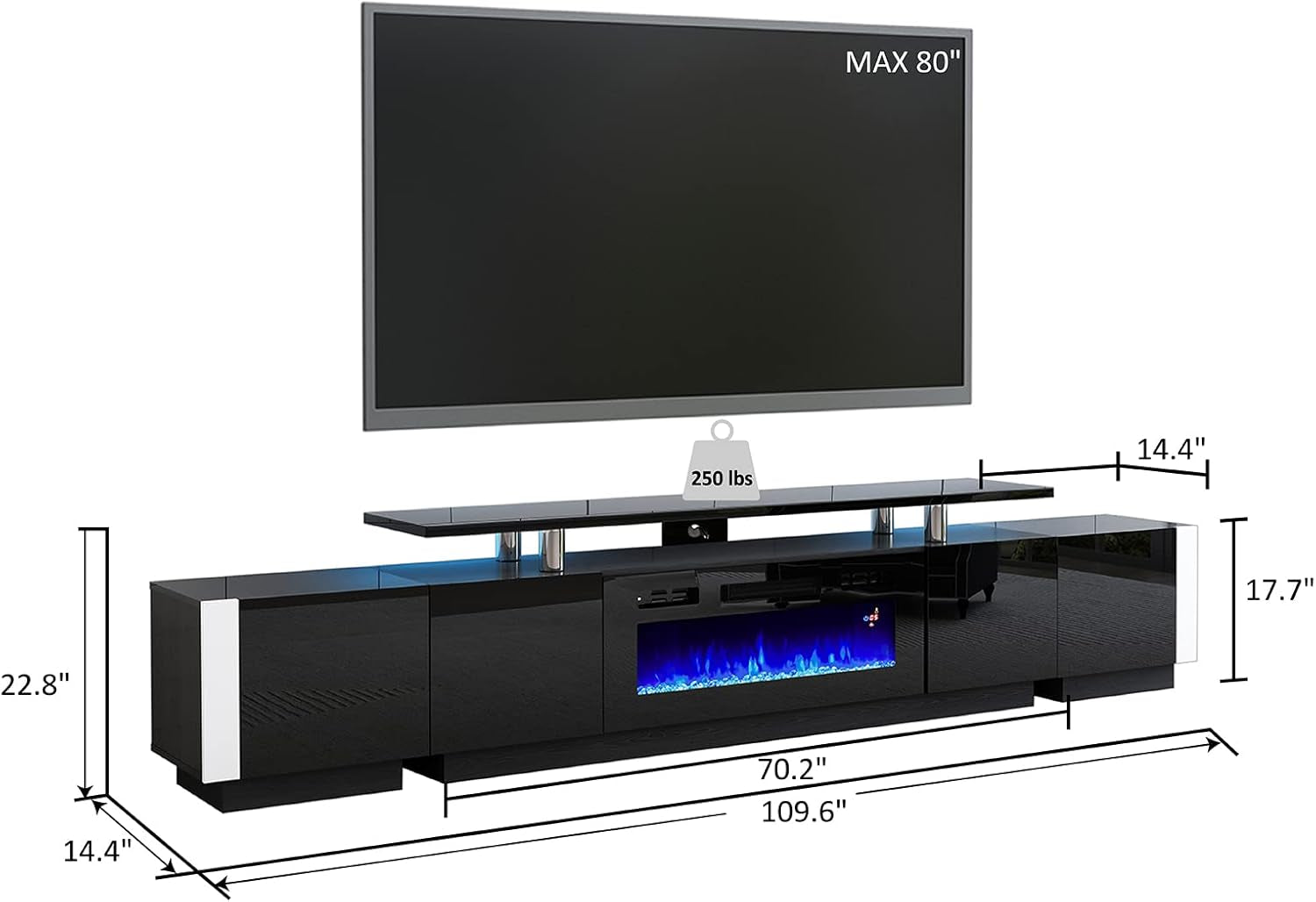 110" Large Fireplace TV Stand Set with 36" Electric Fireplace, Includes 70" 2-Tier Fireplace TV Stand, 2 X End Tables, Modern High Gloss TV Console with LED Light for Living Room, Black