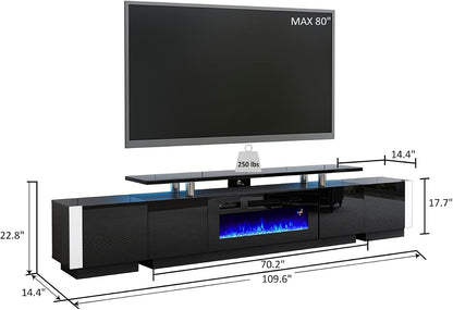 110" Large Fireplace TV Stand Set with 36" Electric Fireplace, Includes 70" 2-Tier Fireplace TV Stand, 2 X End Tables, Modern High Gloss TV Console with LED Light for Living Room, Black