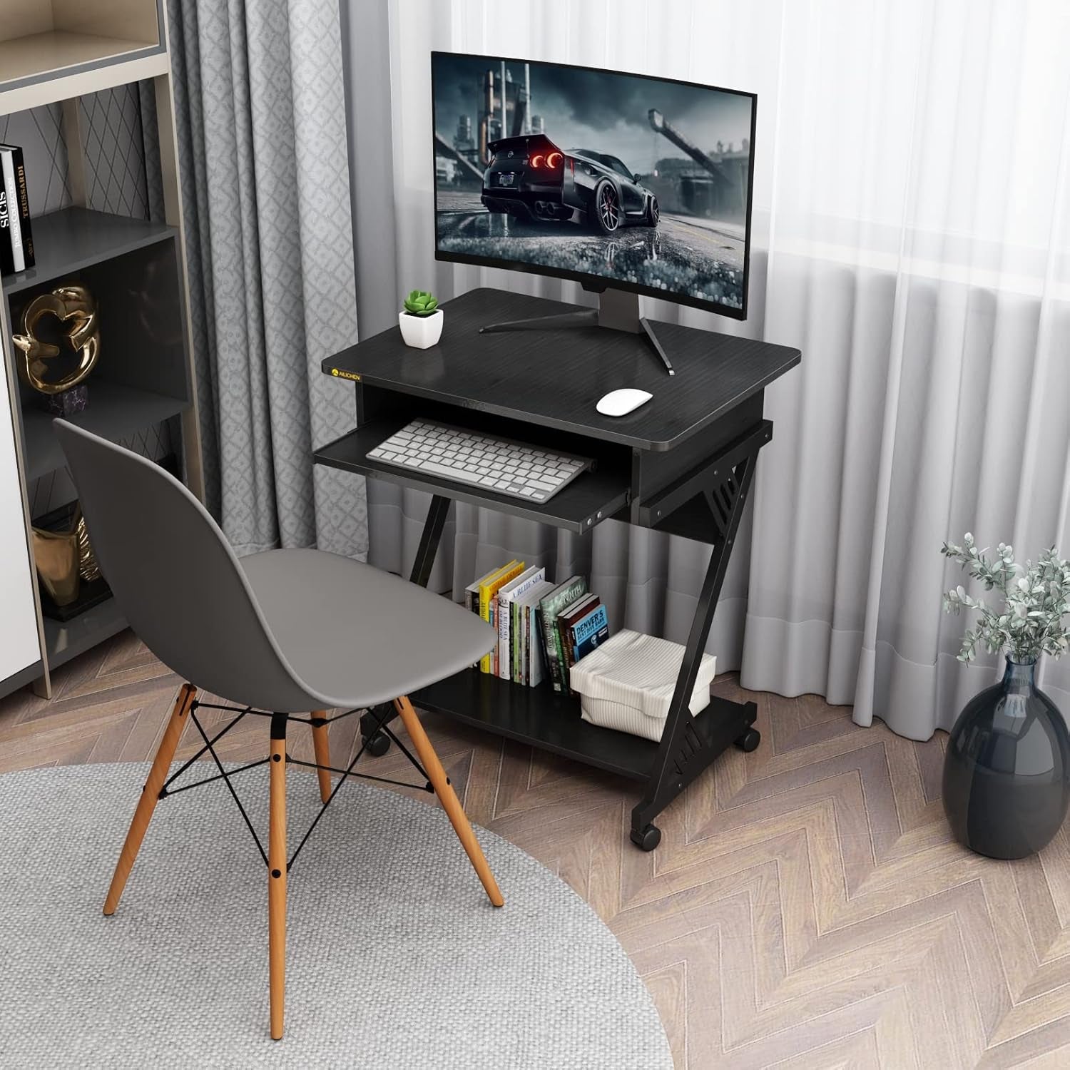 Computer Desk for Small Spaces,23.6" Z-Shaped Compact Study Table with Smooth Keyboard Tray,With Wheels and Bottom Shelves for Home Office，Computer Cart Mobile Laptop Cart