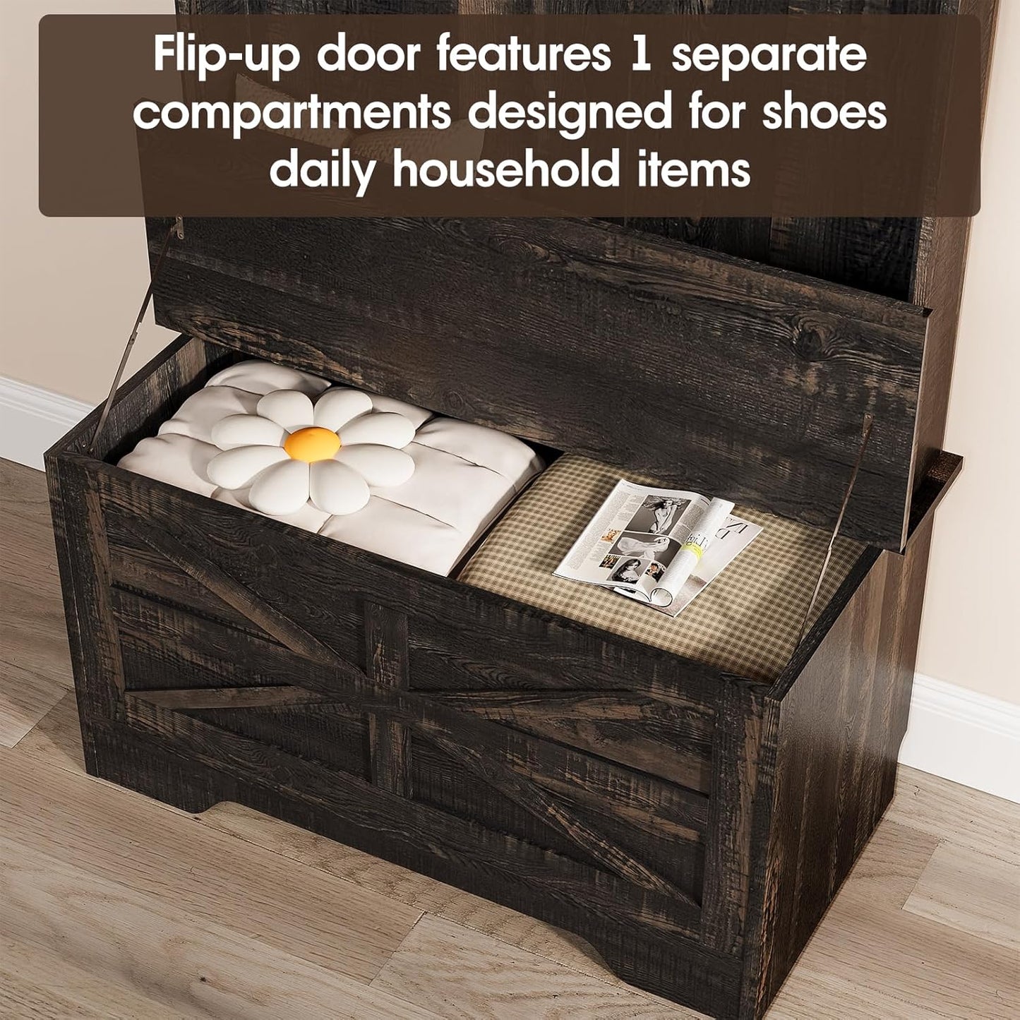 4-In-1 Hall Tree with Storage Bench, 71" Entryway Bench with Coat Rack & Storage Cabinet, Mud Room Organization with Seating, 5 Hooks, Retro Accent Coat Tree for Living Room, Rustic Dark Brown