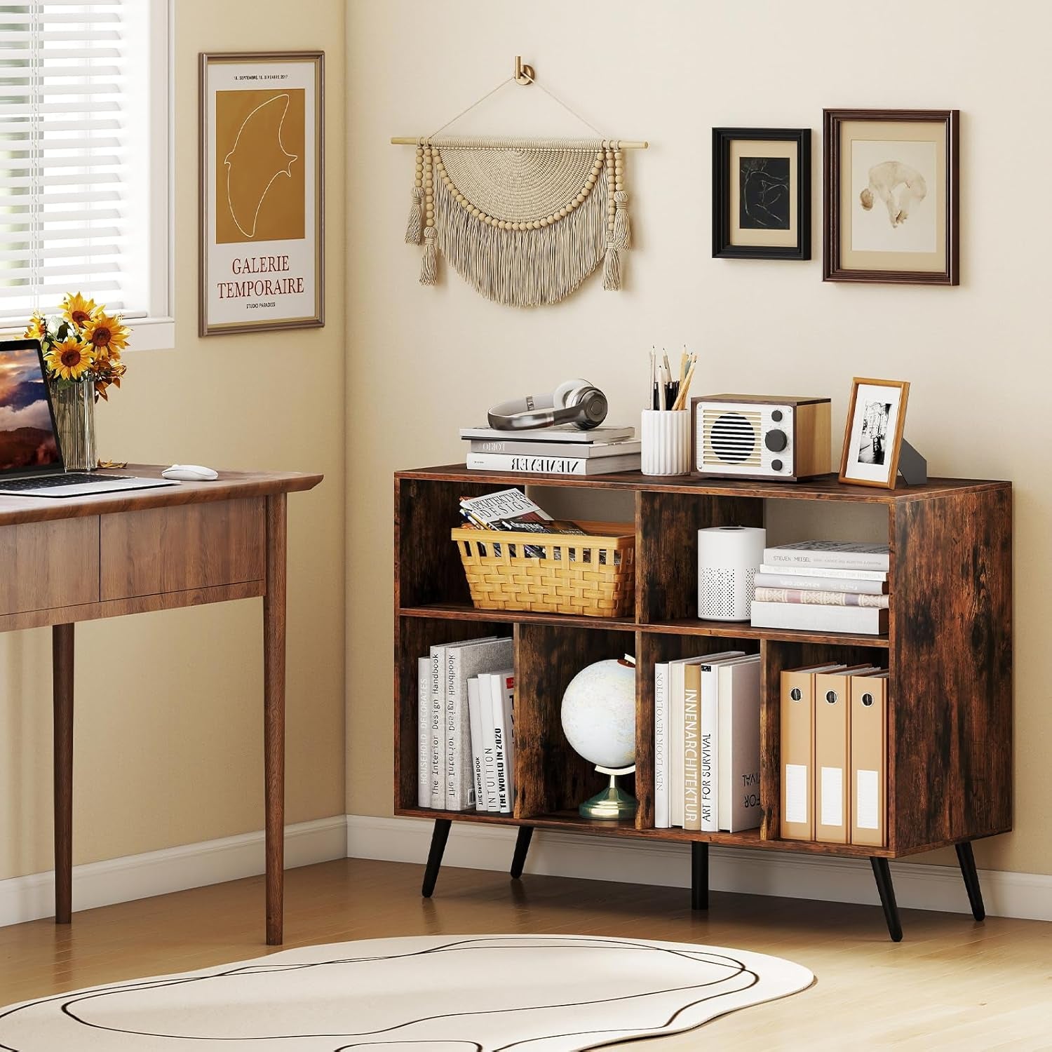 Large Record Player Stand with Charging Station, Turntable Stand Holds up to 450 Albums, Record Player Table with Raised Leg, Vinyl Record Storage for Living Room (Rustic Brown)