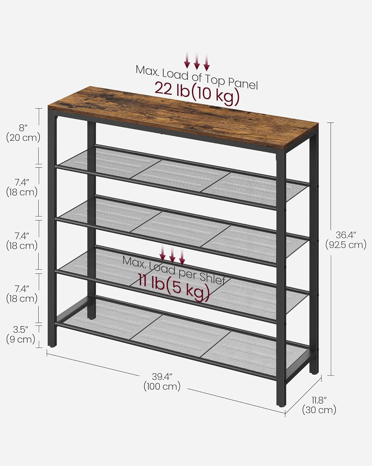 Shoe Rack, 5-Tier Shoe Storage Organizer with 4 Metal Mesh Shelves for 16-20 Pairs and Large Surface for Bags, for Entryway, Hallway, Closet, Industrial, Rustic Brown and Black ULBS15BX