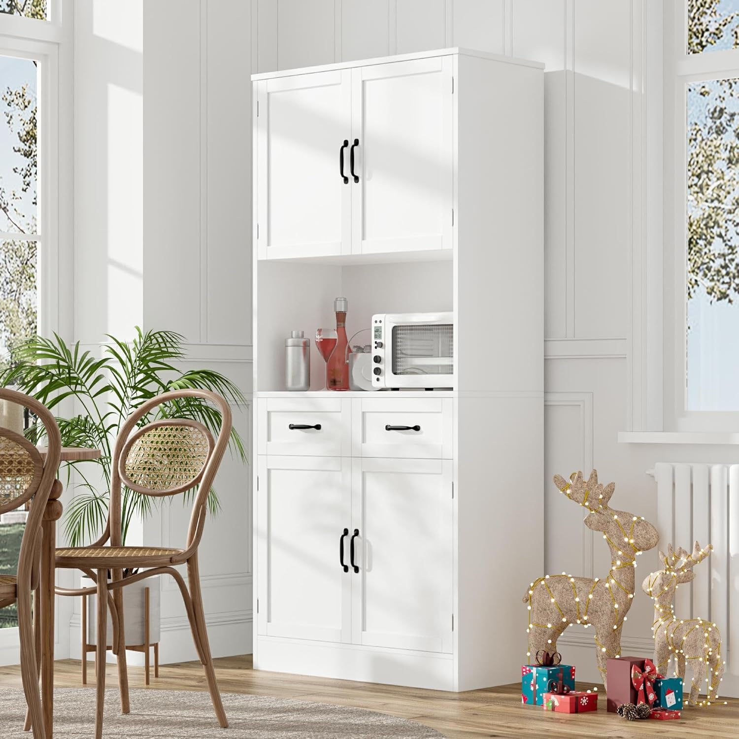 71“ Tall Kitchen Pantry Storage Cabinet, Modern Kitchen Hutch Bar Cabinet with Microwave Stand, Wood Buffet Sideboard with Hutch, Cupboard with Drawers, Shelves for Dining Room, White