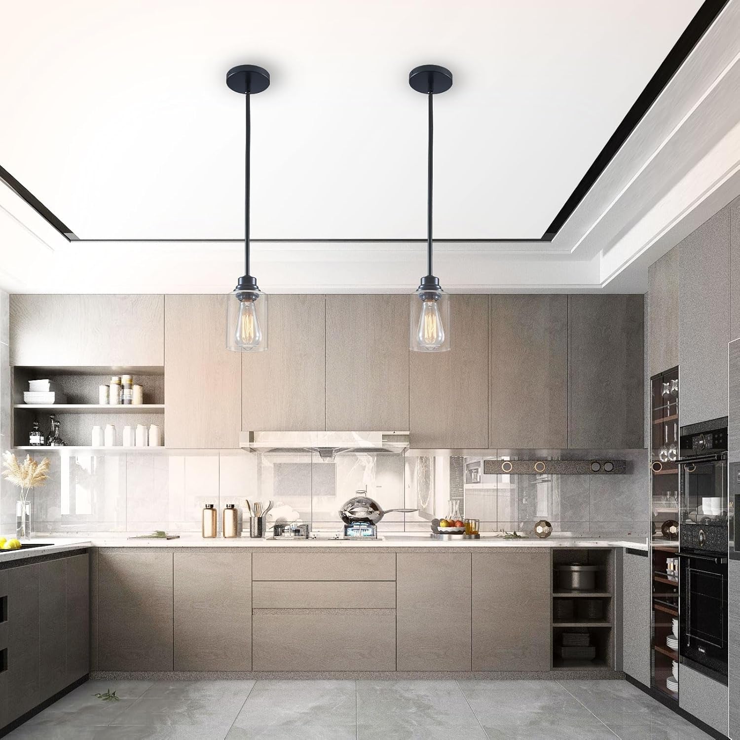 Modern Glass Pendant Lights Kitchen Island 2 Pack, Adjustable Height Black Pendant Lights - Hanging Lights for Bedroom, Dining Room, Living Room, Kitchen & Hallway