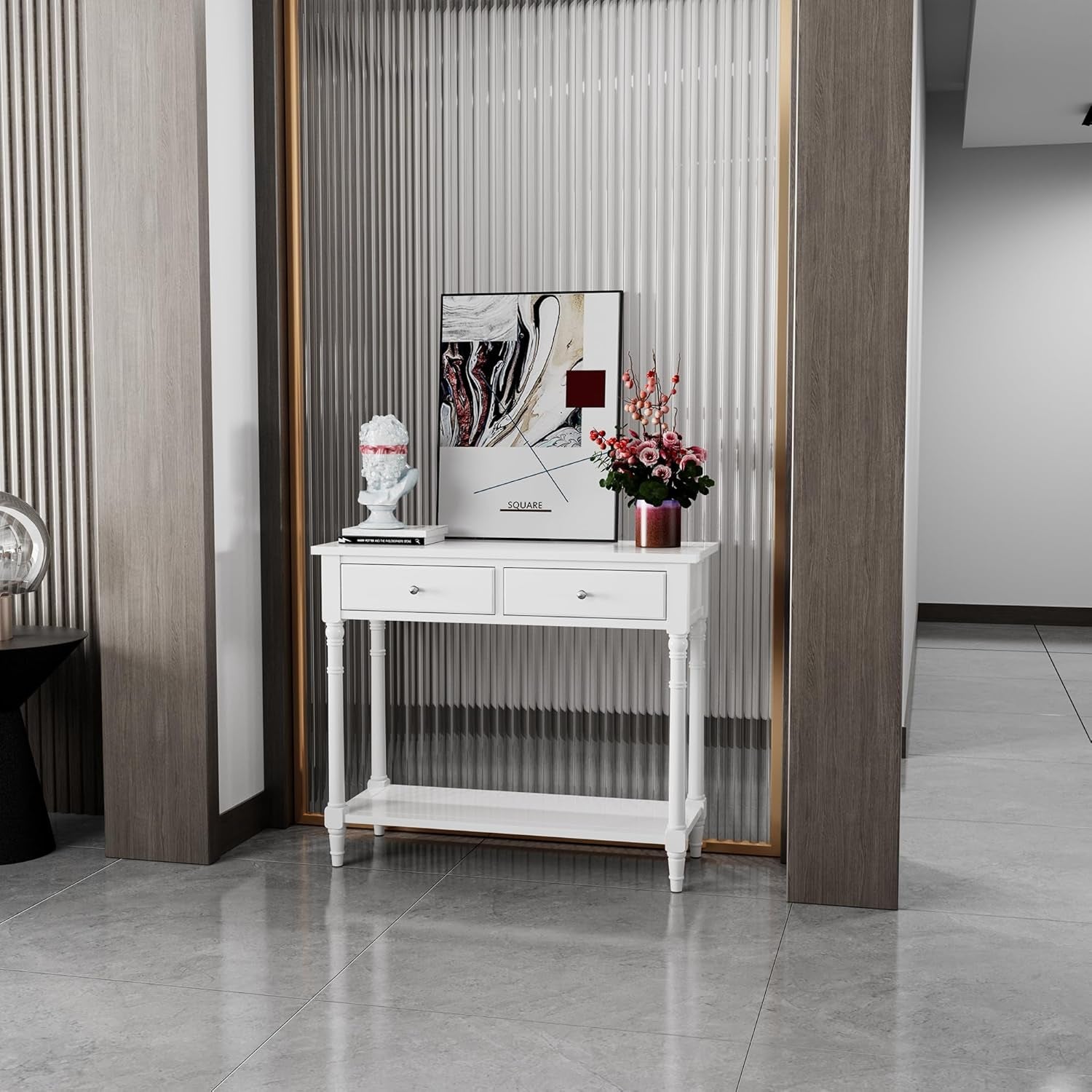 Solid Wood Console Table with 2 Drawers, 2-Tier 35.4" X 30" Accent Sofa Table with Multilayer Storage Shelf Rustic Hall Entryway Tables for Living Room Home Office-Ivory White