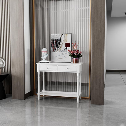 Solid Wood Console Table with 2 Drawers, 2-Tier 35.4" X 30" Accent Sofa Table with Multilayer Storage Shelf Rustic Hall Entryway Tables for Living Room Home Office-Ivory White