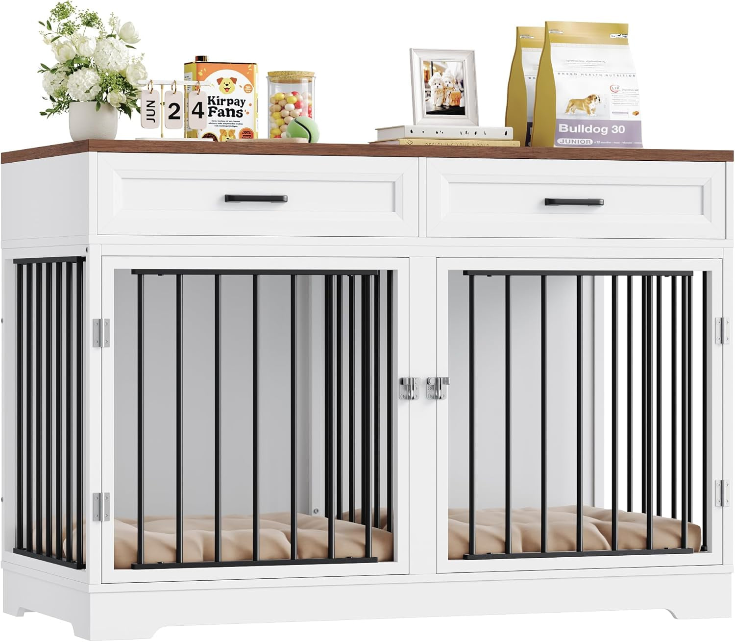 Dog Crate Furniture 47" Wooden Dog Kennels for Dogs Indoor with a Removable Divider for Large/Medium/Small Dogs, 2 Storage Drawers and Large Tabletop Dog Cages Double Doors Dog House, White