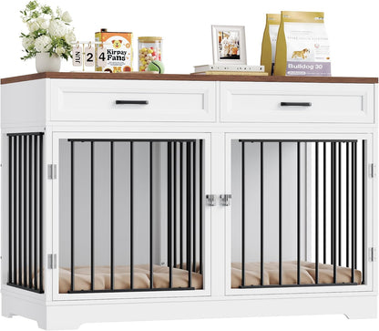 Dog Crate Furniture 47" Wooden Dog Kennels for Dogs Indoor with a Removable Divider for Large/Medium/Small Dogs, 2 Storage Drawers and Large Tabletop Dog Cages Double Doors Dog House, White