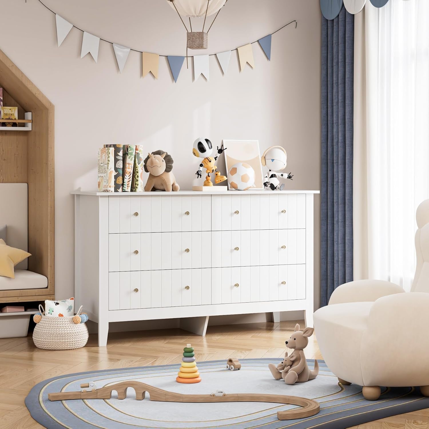 White Dresser, Chest of Drawers, Modern 6 Drawer Double Dressers with Deep Drawers, Nursery Dresser for Baby, Wide Storage Organizer Cabinet for Living Room, Hallway,White