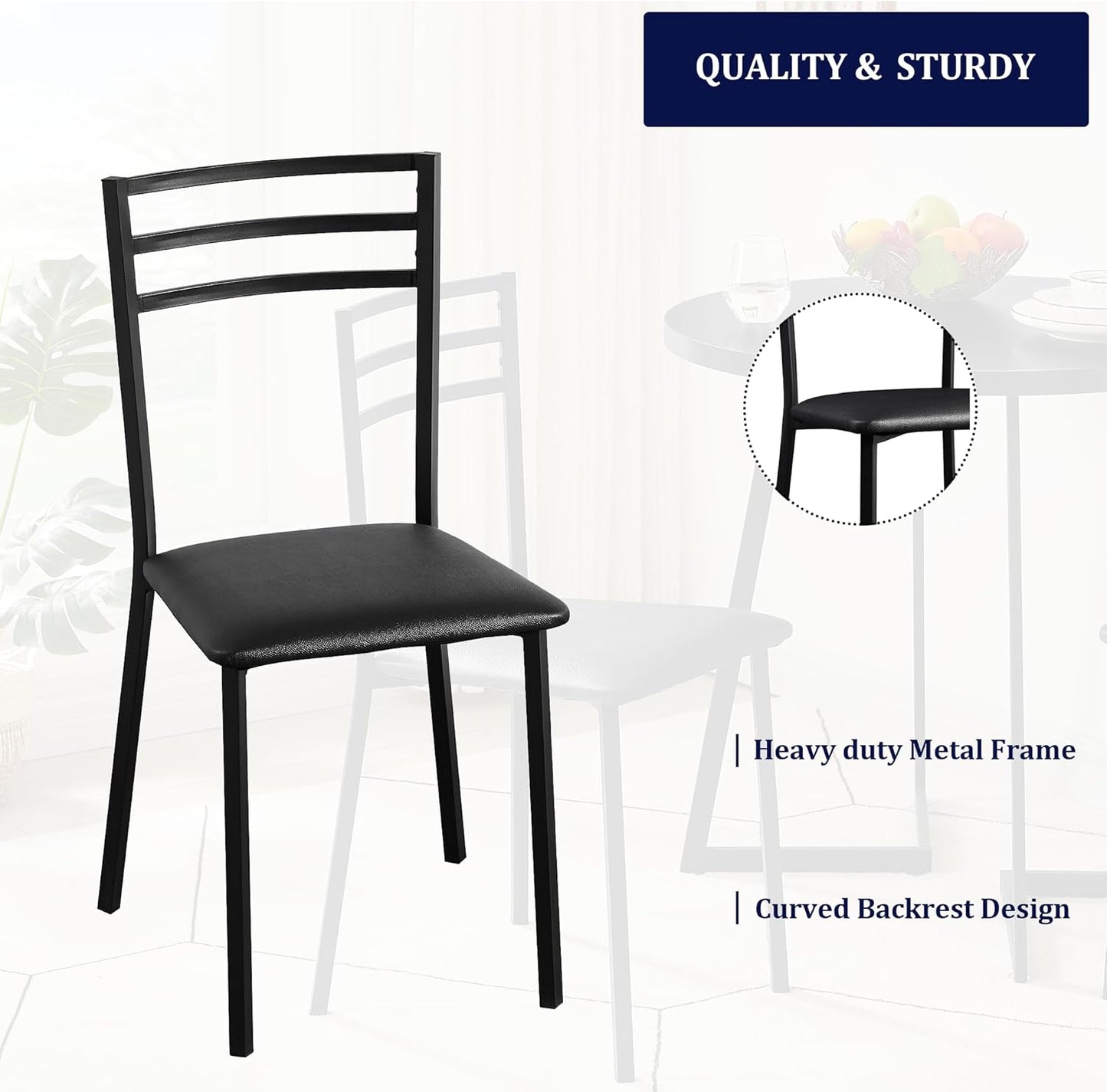 Metal Dining Chair Set of 2, Modern Armless with Cushioned Seat for Kitchen, Living Room, Black