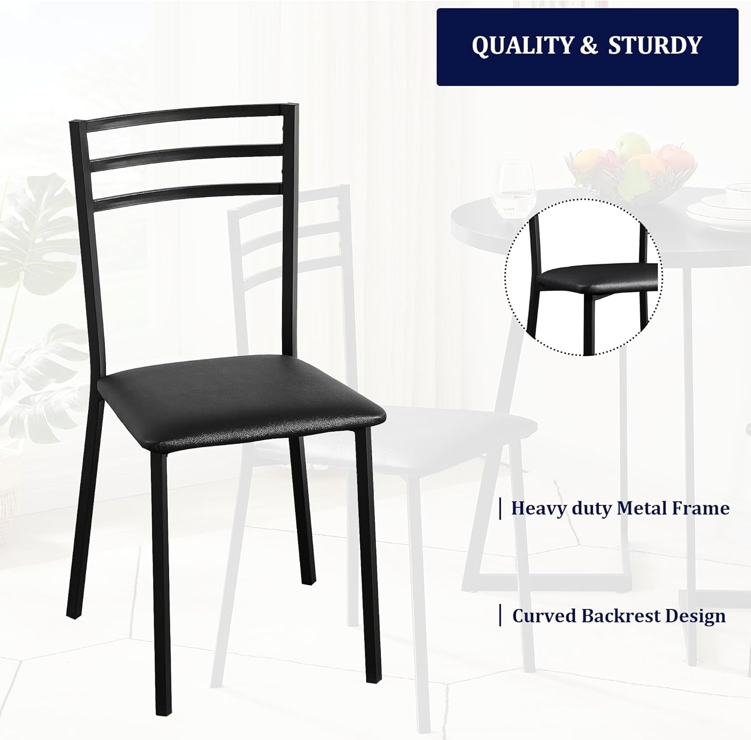 Metal Dining Chair Set of 2, Modern Armless with Cushioned Seat for Kitchen, Living Room, Black