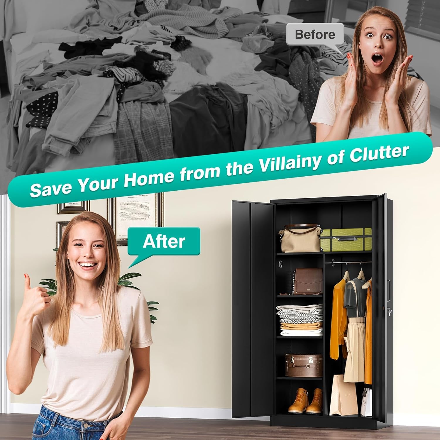 Metal Wardrobe Cabinet with Lock,72" Armoire Closet with Hanging Rod,Lockable Storage Locker,Black Storage Cabinet with Locking Doors,Garage Closet,Steel Wardrobe for Home,Bedroom,Office,Employee,Shop